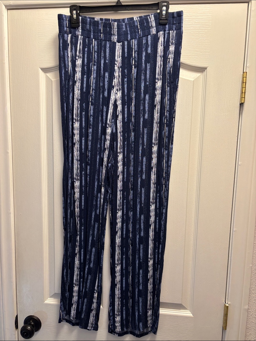 Three Dots Navy and White Vertical-Stripe Wide-Leg Pants
